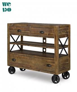 Movable Rustic Distressed Cabinet Wood TV Stand On Wheels