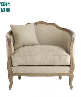 French Vintage Armrest Fabric Wood Single Sofa