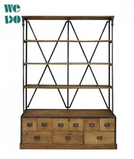 Living Room Industrial Wood Metal Bookcase With Drawers 