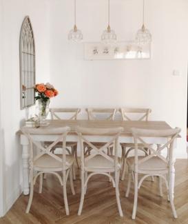 cross back chairs and wooden table